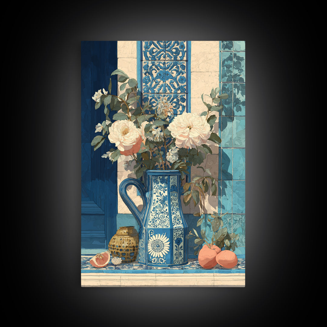 Blue and White Ceramic Pitcher Framed Canvas Print, French Country Art, Boho Decor, Farmhouse Decor, Fine Art, Country, FCA-2x3-83
