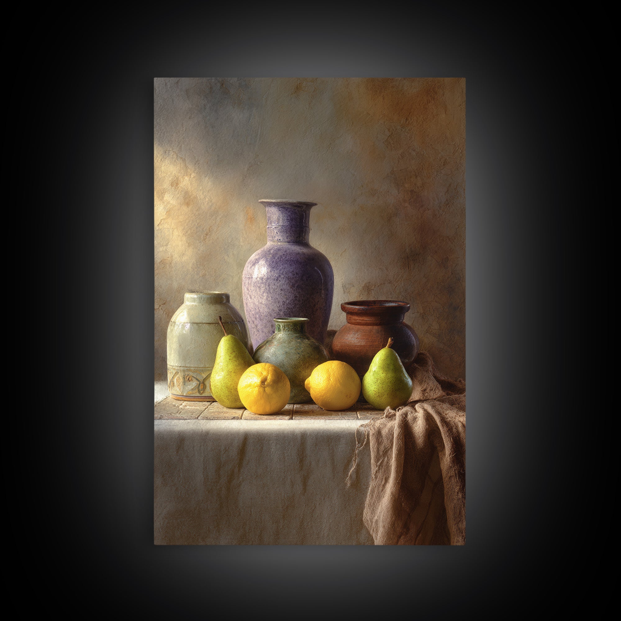 Pear Still Life on Linen Tablecloth Framed Canvas Print, French Country Art, Farmhouse Decor, Abstract Art, Country, FCA-2x3-84