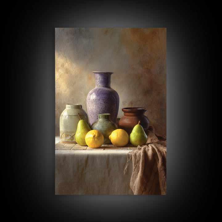 Pear Still Life on Linen Tablecloth Framed Canvas Print, French Country Art, Farmhouse Decor, Abstract Art, Country, FCA-2x3-84