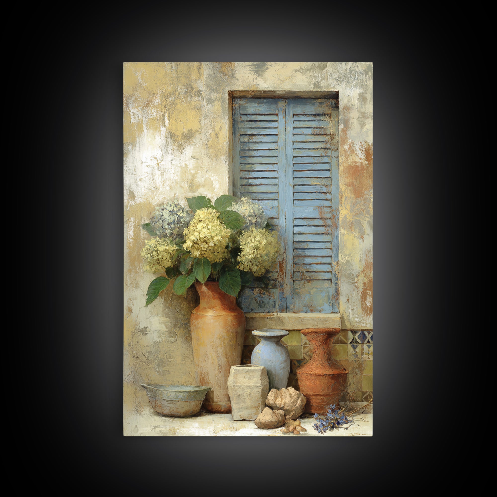 Soft Hydrangeas Beside Antique Shutters Framed Canvas Print, French Country Art, Neutral Decor, Farmhouse Decor, Country, FCA-2x3-88
