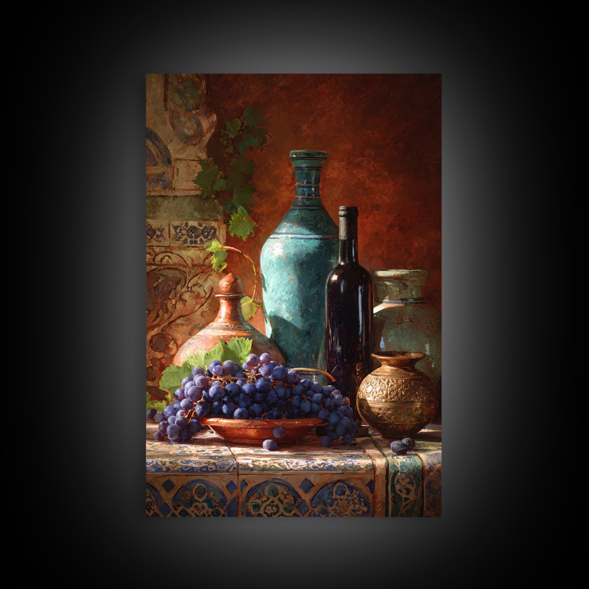 Grapes and Wine Still Life Framed Canvas Print, French Country Art, Wall Art, Farmhouse Decor, Watercolor Art, Country, FCA-2x3-89