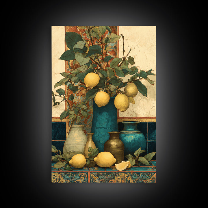 Aged Botanical Plate of Lemons and Leaves Framed Canvas Print, French Country Art, Farmhouse Decor, Fine Art, Country, FCA-2x3-92
