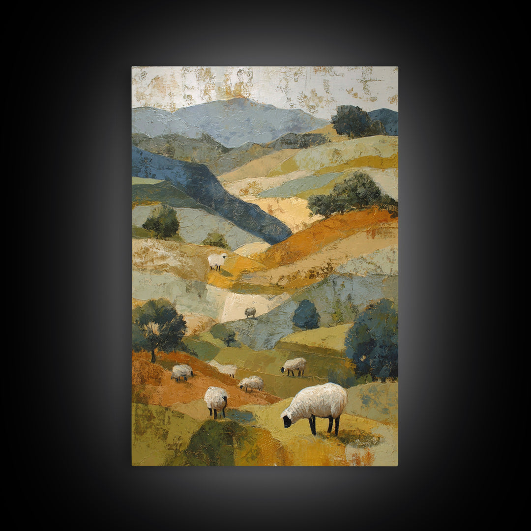 Pastoral Sheep in Rolling Countryside Framed Canvas Print, French Country Art, Textured Painting, Farmhouse Decor, Country, FCA-2x3-94