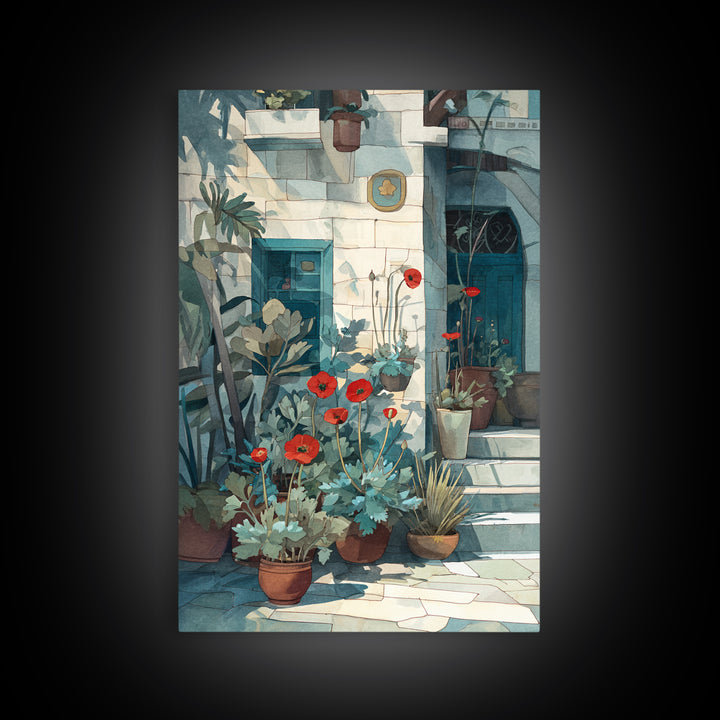 Poppies Beside a Stone Garden Wall Canvas Print, French Country Art, Art Print, Farmhouse Decor, Watercolor Art, Country, FCA-2x3-95