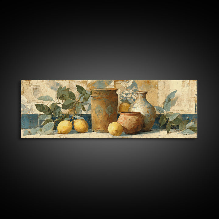 Aged Botanical Plate of Lemons and Leaves Canvas Print, French Country Art, Coastal Wall Art, Farmhouse Decor, Country, FCA-3x1-100
