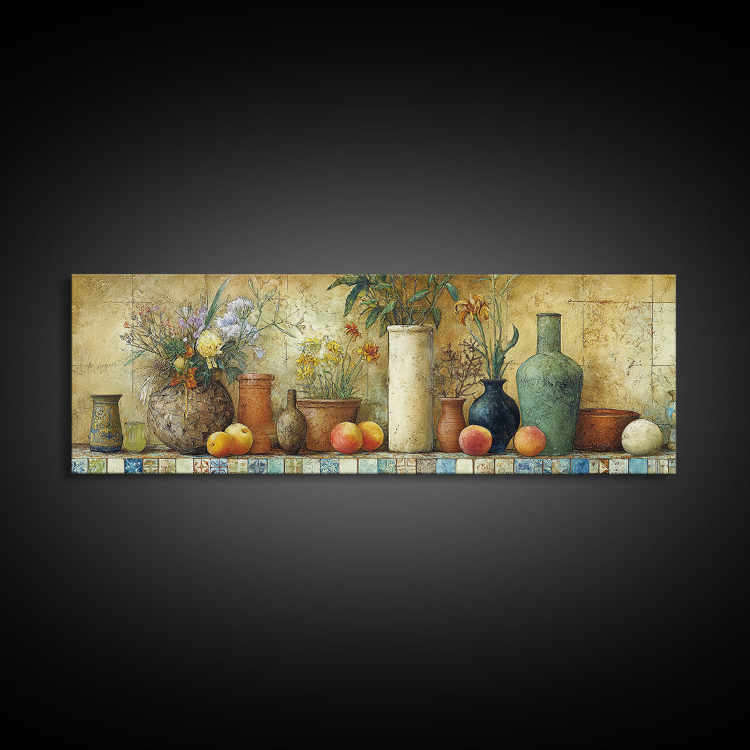 Basket of Fresh Peaches and Wildflowers Framed Canvas Print, French Country Art, Eclectic Wall Art, Farmhouse Decor, Country, FCA-3x1-12