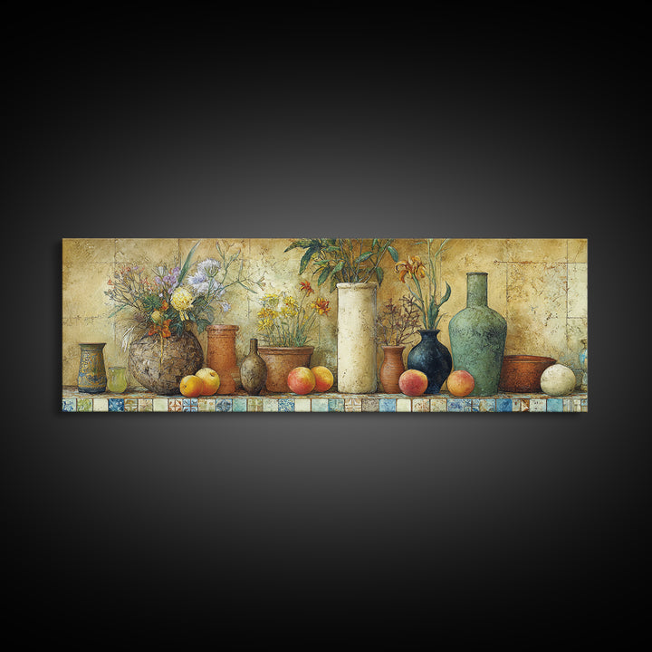 Basket of Fresh Peaches and Wildflowers Framed Canvas Print, French Country Art, Eclectic Wall Art, Farmhouse Decor, Country, FCA-3x1-12