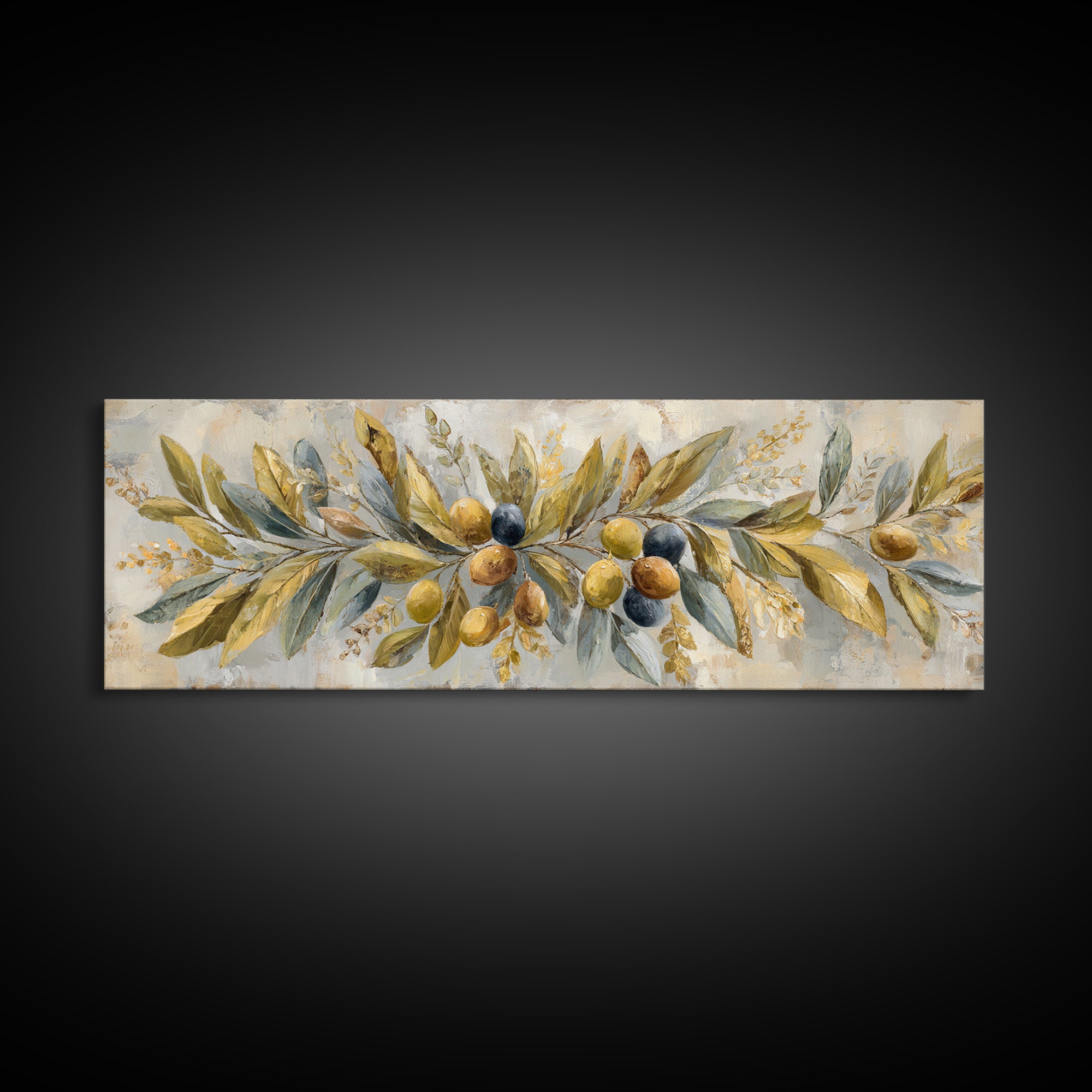 Olive Branch Wreath on Cream Ground Canvas Print, French Country Art, Landscape Painting, Farmhouse Decor, Watercolor Art, FCA-3x1-14