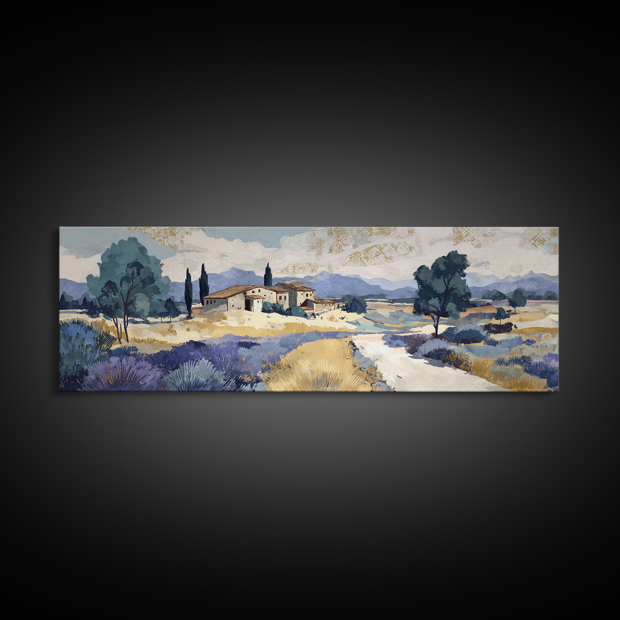 Lavender Field with Distant Stone Farmhouse Canvas Print, French Country Art, Printable Wall Art, Farmhouse Decor, Country, FCA-3x1-17