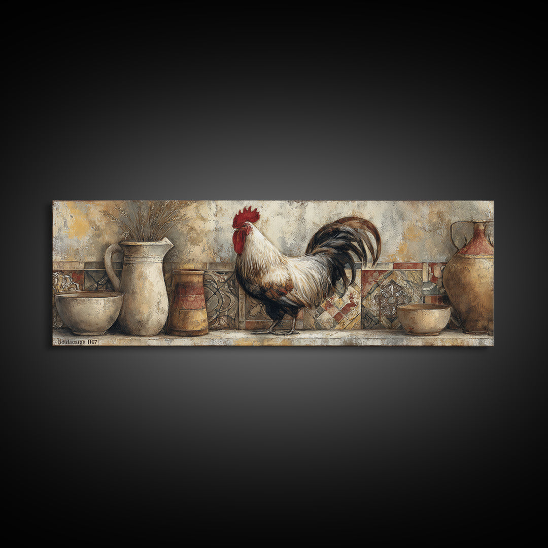 Rooster Portrait in Rustic French Palette Framed Canvas Print, French Country Art, Contemporary Art, Farmhouse Decor, Country, FCA-3x1-18