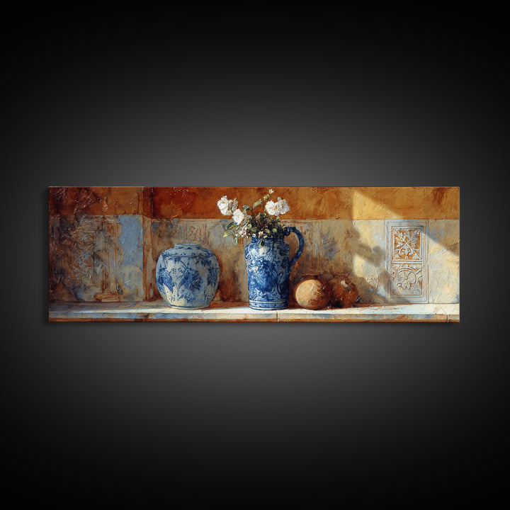 Blue and White Ceramic Pitcher Canvas Print, French Country Art, Digital Download Art, Farmhouse Decor, Watercolor Art, Country, FCA-3x1-19