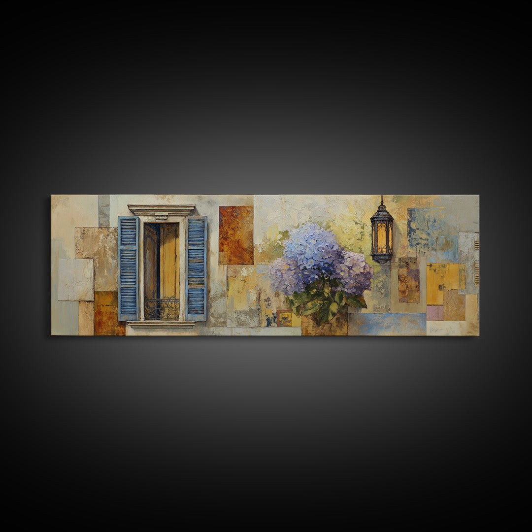 Soft Hydrangeas Beside Antique Shutters Canvas Print, French Country Art, Farmhouse Wall Art, Farmhouse Decor, Country, FCA-3x1-24