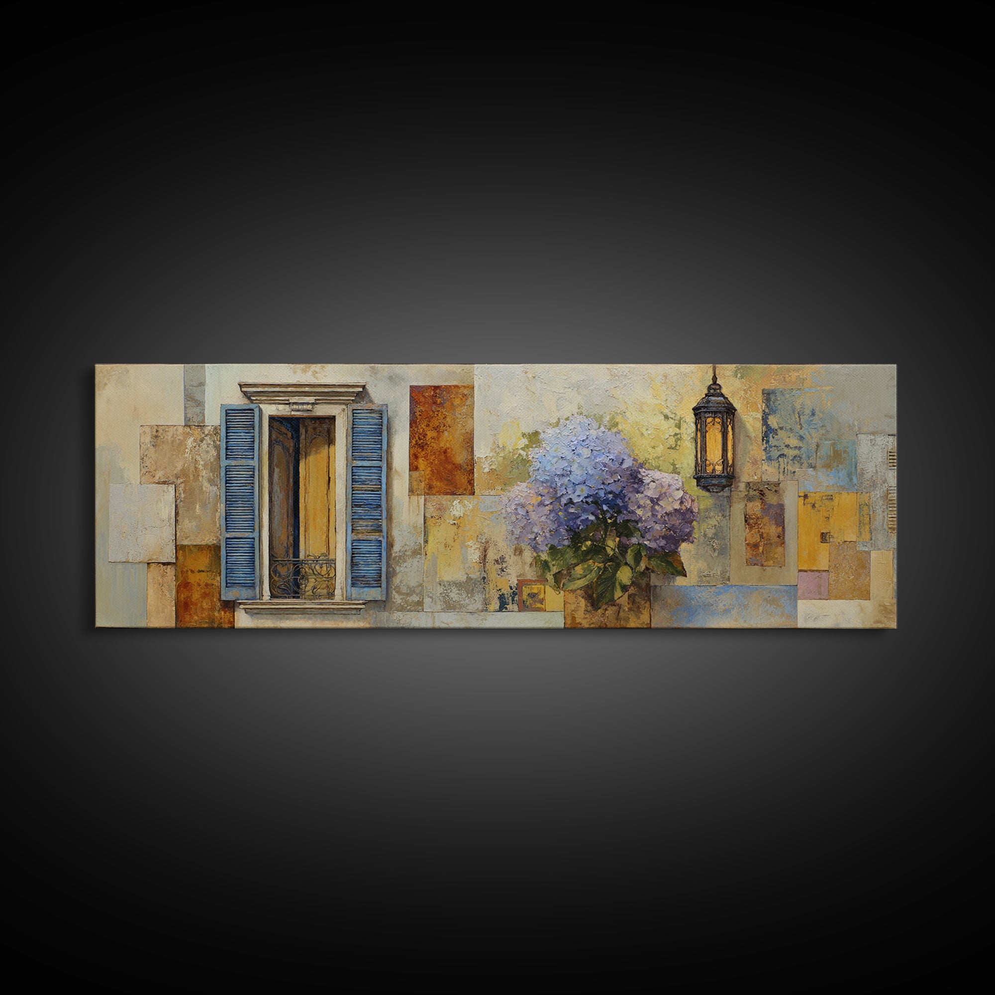 Soft Hydrangeas Beside Antique Shutters Canvas Print, French Country Art, Farmhouse Wall Art, Farmhouse Decor, Country, FCA-3x1-24