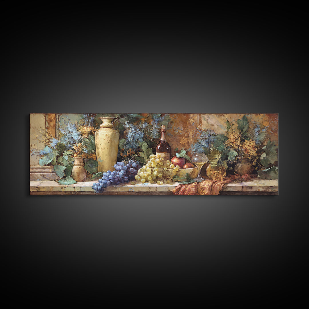 Grapes and Wine Still Life Canvas Print, French Country Art, Oil Painting, Farmhouse Decor, Abstract Art, Country, FCA-3x1-25