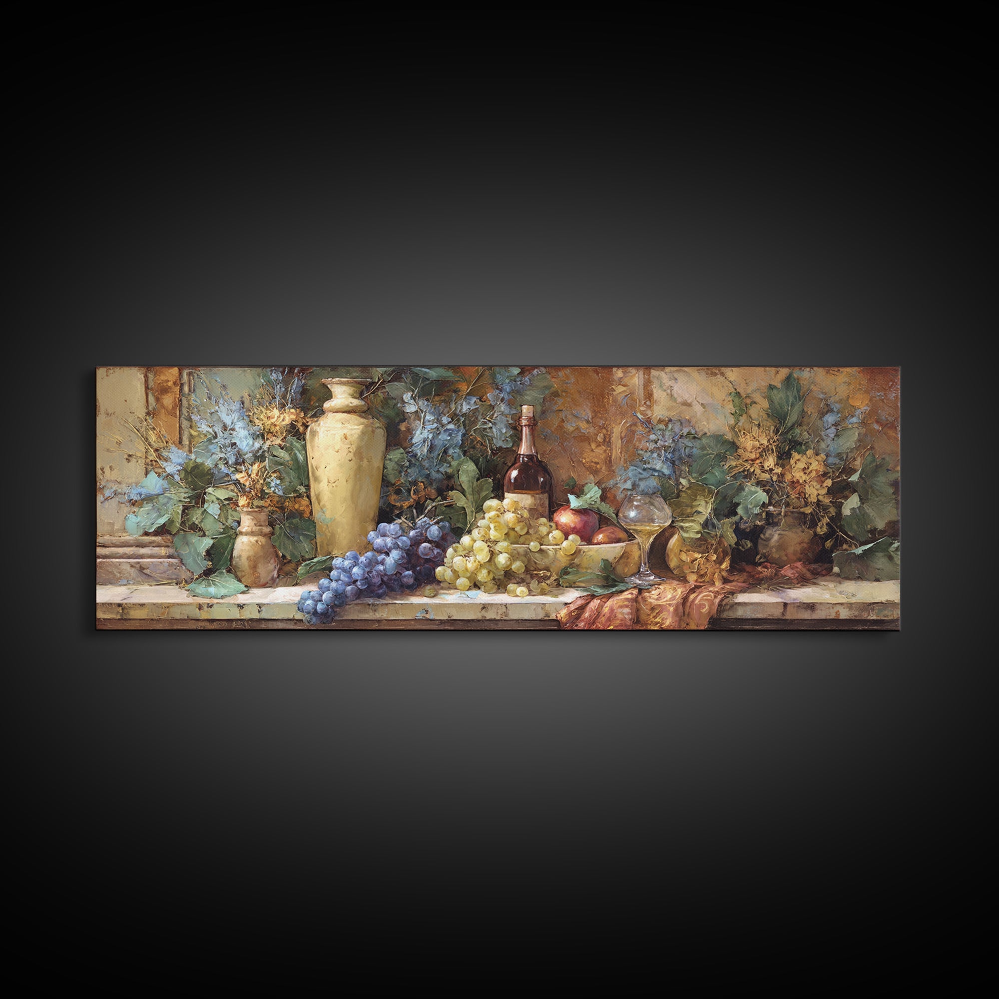 Grapes and Wine Still Life Canvas Print, French Country Art, Oil Painting, Farmhouse Decor, Abstract Art, Country, FCA-3x1-25