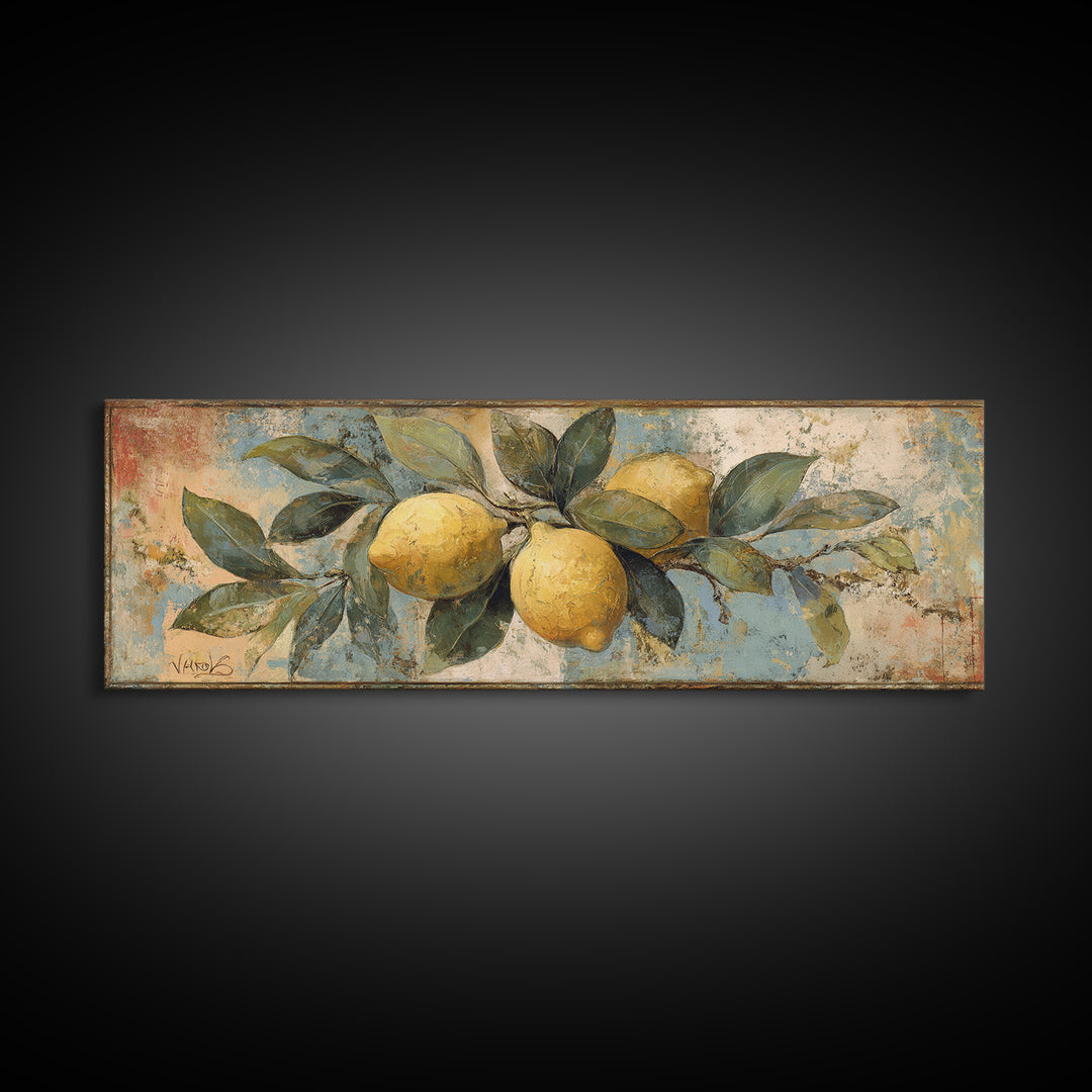 Aged Botanical Plate of Lemons and Leaves Canvas Print, French Country Art, Landscape Wall Art, Farmhouse Decor, Country, FCA-3x1-28