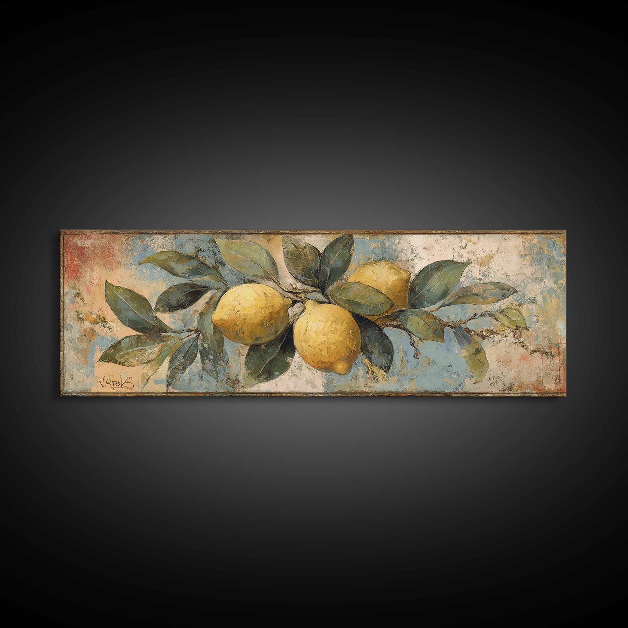 Aged Botanical Plate of Lemons and Leaves Canvas Print, French Country Art, Landscape Wall Art, Farmhouse Decor, Country, FCA-3x1-28