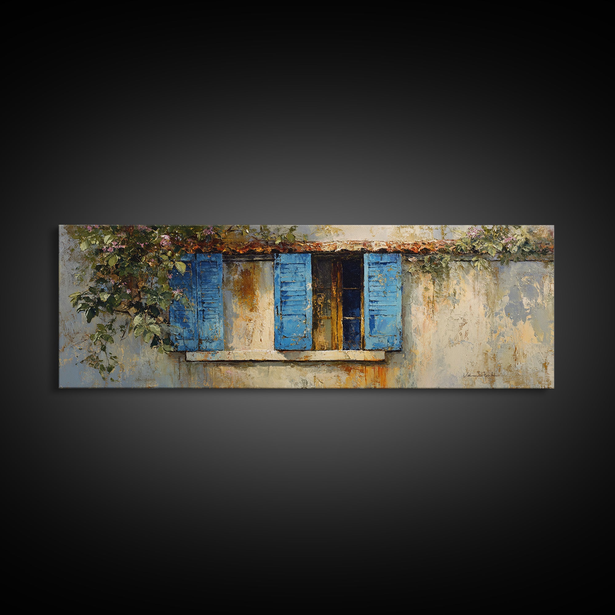 Weathered Window with Blue Shutters Framed Canvas Print, French Country Art, Digital Art, Farmhouse Decor, Watercolor Art, FCA-3x1-37