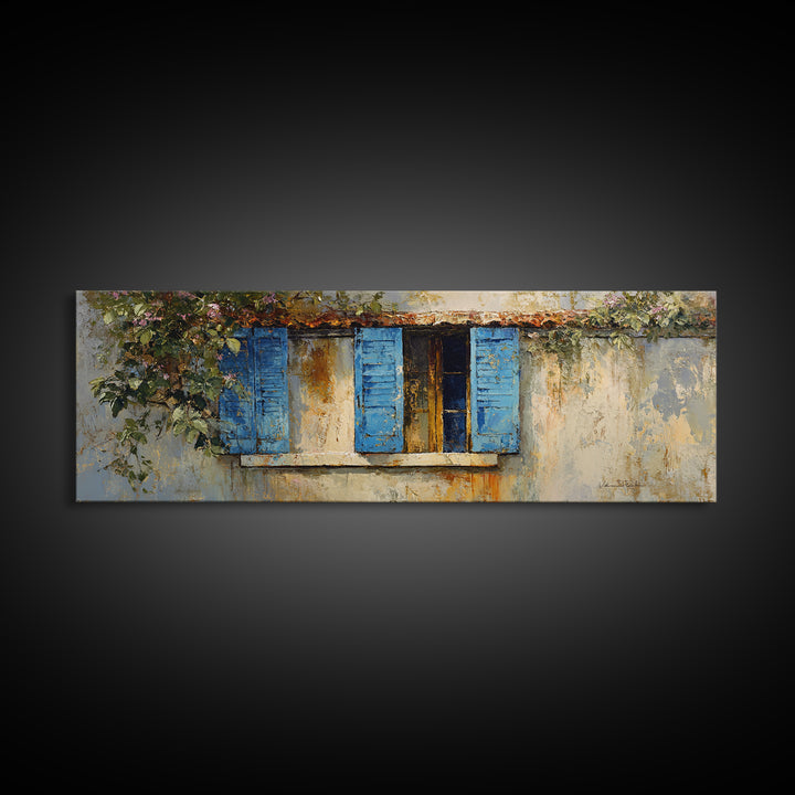 Weathered Window with Blue Shutters Framed Canvas Print, French Country Art, Digital Art, Farmhouse Decor, Watercolor Art, FCA-3x1-37