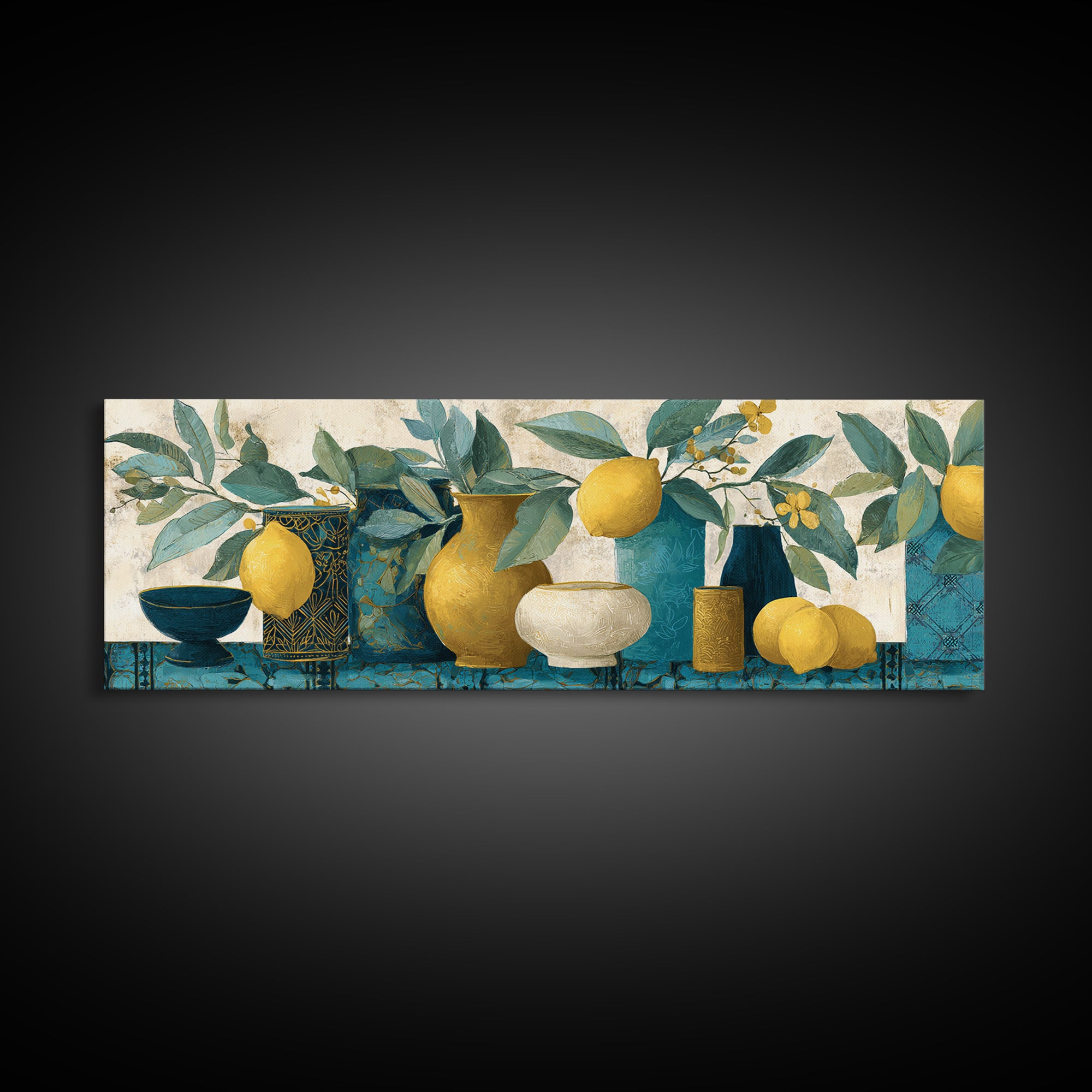 Aged Botanical Plate of Lemons and Leaves Canvas Print, French Country Art, Botanical Wall Art, Farmhouse Decor, Watercolor Art, FCA-3x1-4