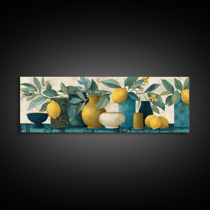 Aged Botanical Plate of Lemons and Leaves Canvas Print, French Country Art, Botanical Wall Art, Farmhouse Decor, Watercolor Art, FCA-3x1-4