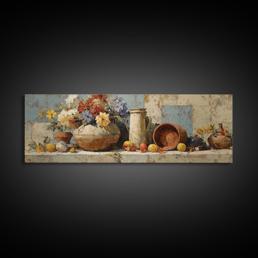 Antique Copper Pot and Flowers Still Life Canvas Print, French Country Art, Digital Download Art, Farmhouse Decor, Oil Painting, FCA-3x1-40