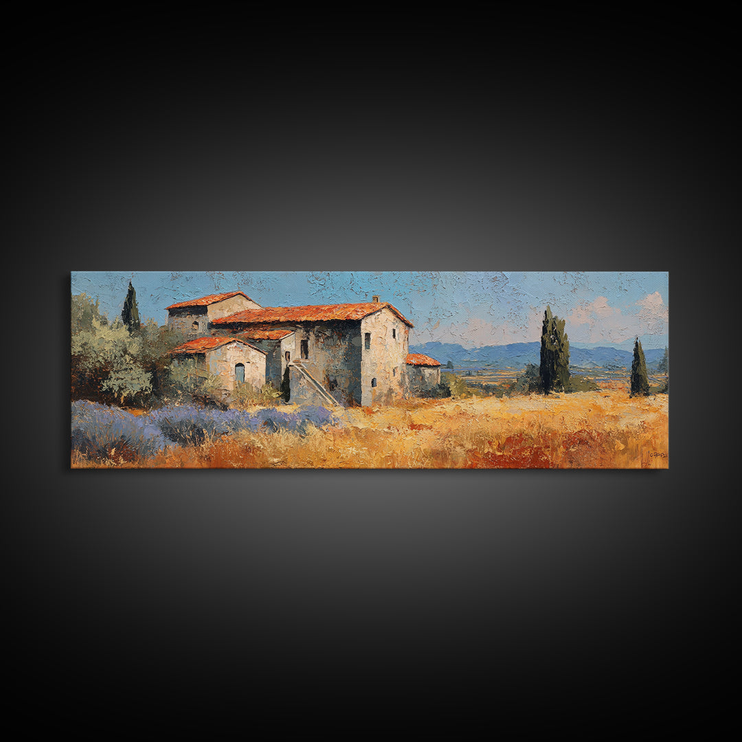 Lavender Field with Distant Stone Farmhouse Canvas Print, French Country Art, Printable Art, Farmhouse Decor, Watercolor Art, FCA-3x1-41