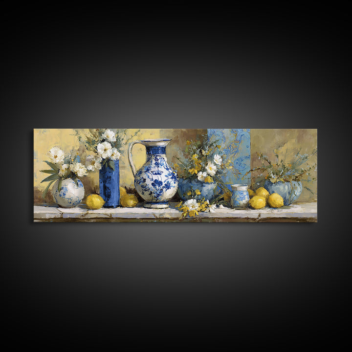 Blue and White Ceramic Pitcher Canvas Print, French Country Art, Art Print, Farmhouse Decor, Country, Digital Wall Art, FCA-3x1-43