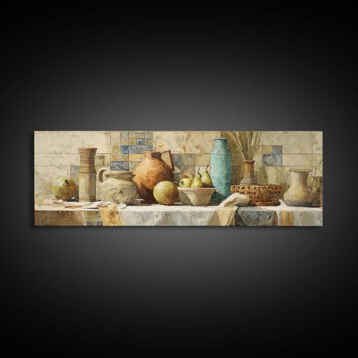 Pear Still Life on Linen Tablecloth Framed Canvas Print, French Country Art, Above Bed Art, Farmhouse Decor, Abstract Art, FCA-3x1-44