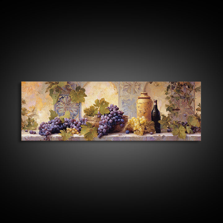Grapes and Wine Still Life Canvas Print, French Country Art, Oil Painting, Farmhouse Decor, Abstract Art, Country, FCA-3x1-49
