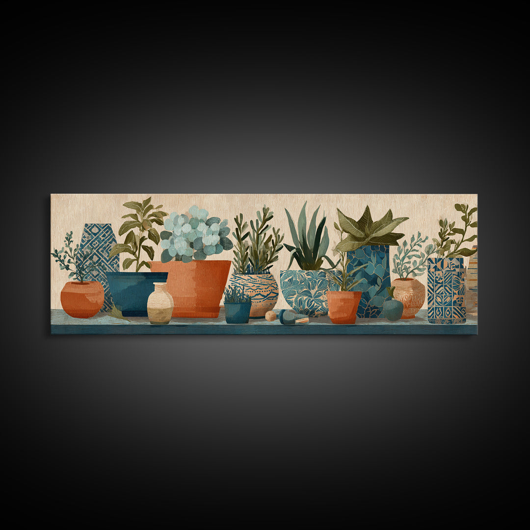 Terra Cotta Pots Framed Canvas Print, French Country Art, Textured Painting, Farmhouse Decor, Country, Home Decor Gift, FCA-3x1-51