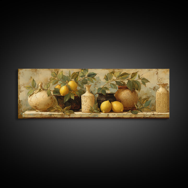 Aged Botanical Plate of Lemons and Leaves Framed Canvas Print, French Country Art, Boho Decor, Farmhouse Decor, Country, FCA-3x1-52