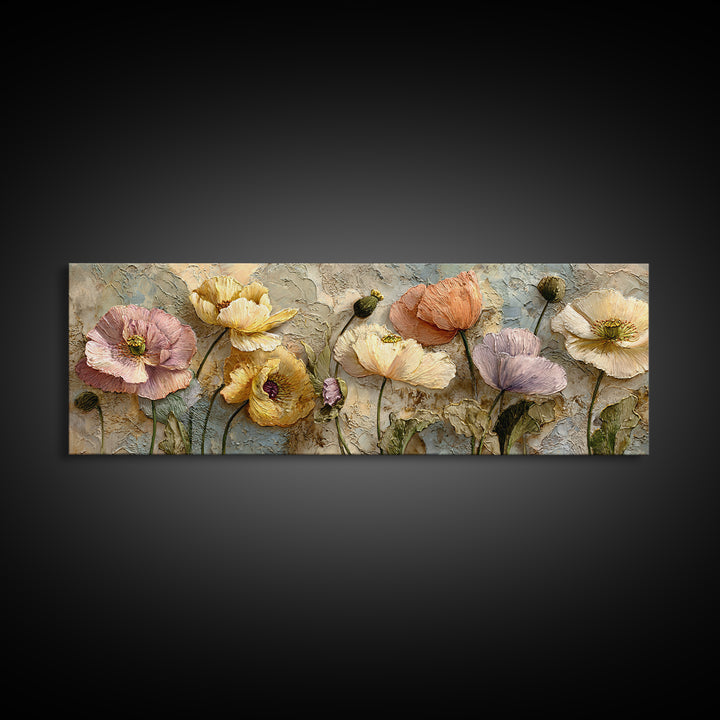 Poppies Beside a Stone Garden Wall Framed Canvas Print, French Country Art, Boho Decor, Farmhouse Decor, Oil Painting, Country, FCA-3x1-55