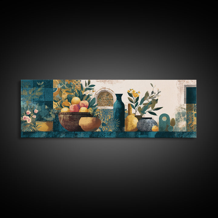 Basket of Fresh Peaches and Wildflowers Framed Canvas Print, French Country Art, Neutral Decor, Farmhouse Decor, Oil Painting, FCA-3x1-60