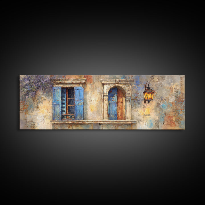 Weathered Window with Blue Shutters Canvas Print, French Country Art, Home Decor Gift, Farmhouse Decor, Oil Painting, Country, FCA-3x1-61