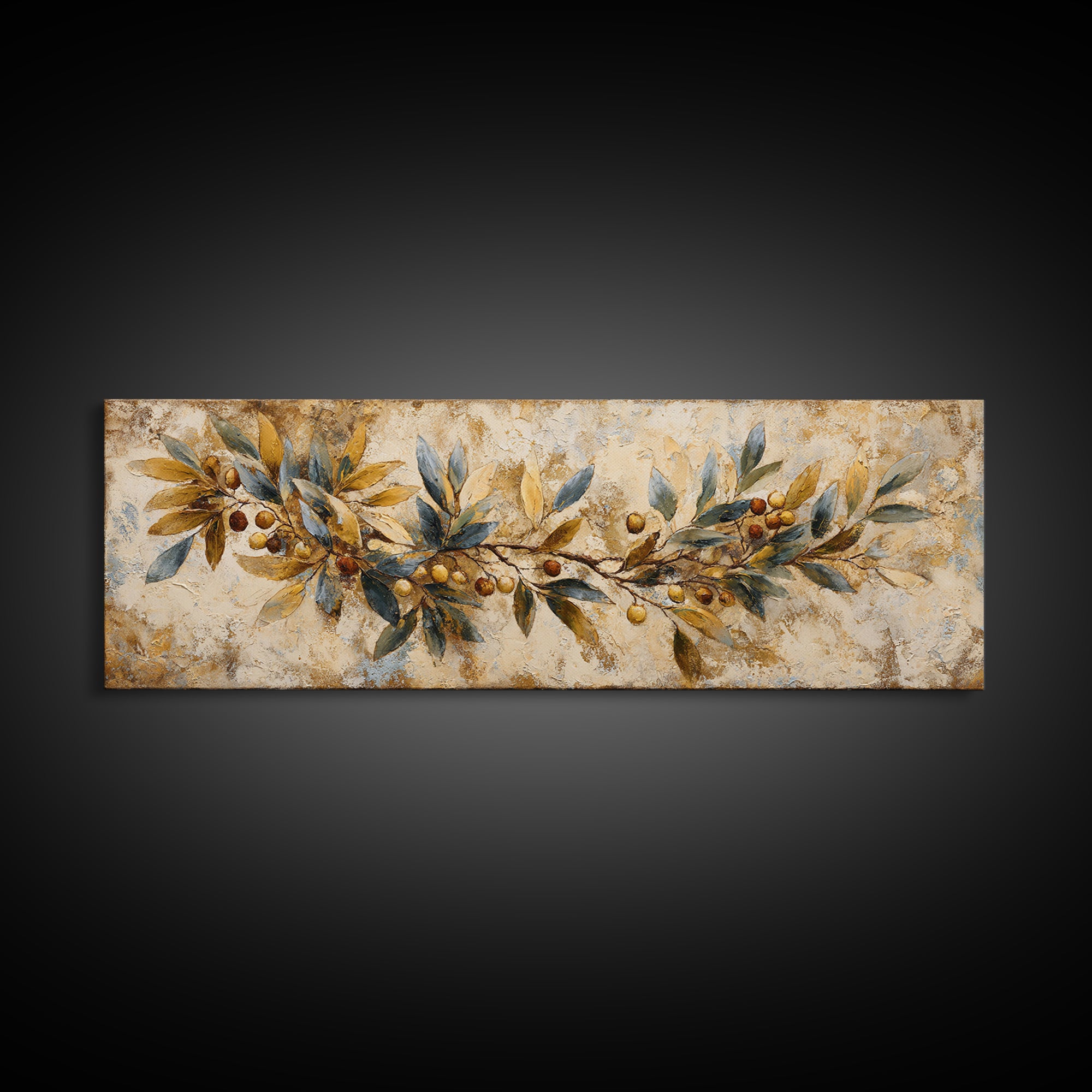 Olive Branch Wreath on Cream Ground Canvas Print, French Country Art, Landscape Painting, Farmhouse Decor, Fine Art, Country, FCA-3x1-62