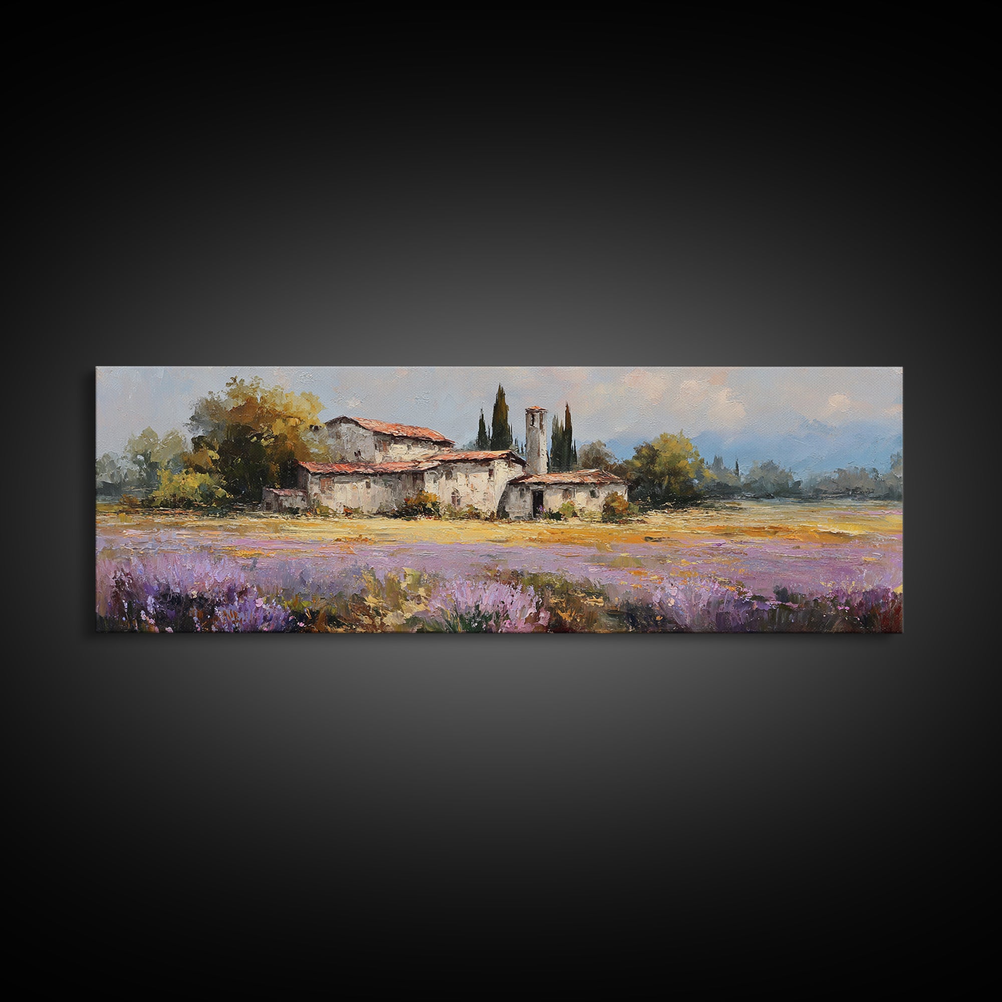 Lavender Field with Distant Stone Farmhouse Canvas Print, French Country Art, Printable Art, Farmhouse Decor, Watercolor Art, FCA-3x1-65
