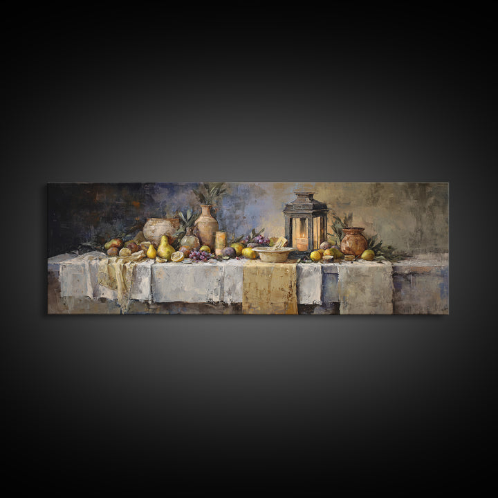 Pear Still Life on Linen Tablecloth Framed Canvas Print, French Country Art, Room Decor, Farmhouse Decor, Abstract Art, Country, FCA-3x1-68