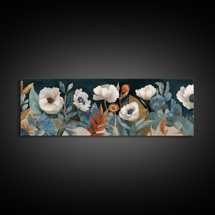 Poppies Beside a Stone Garden Wall Framed Canvas Print, French Country Art, Landscape Wall Art, Farmhouse Decor, Country, FCA-3x1-7