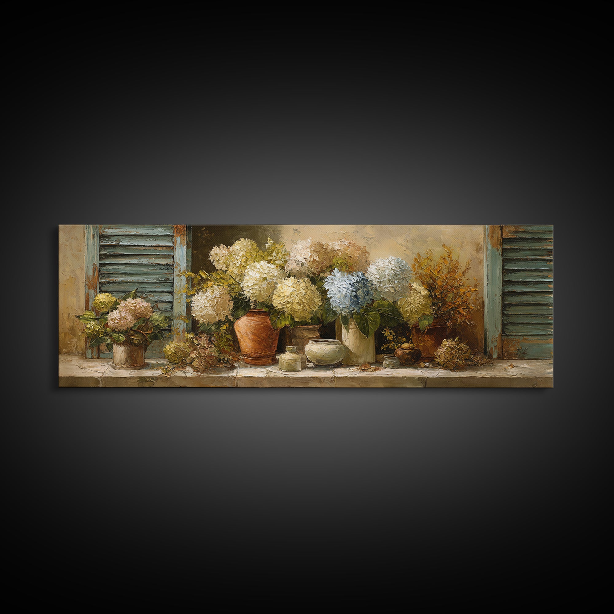Soft Hydrangeas Beside Antique Shutters Framed Canvas Print, French Country Art, Textured Painting, Farmhouse Decor, Country, FCA-3x1-72