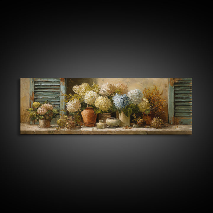 Soft Hydrangeas Beside Antique Shutters Framed Canvas Print, French Country Art, Textured Painting, Farmhouse Decor, Country, FCA-3x1-72