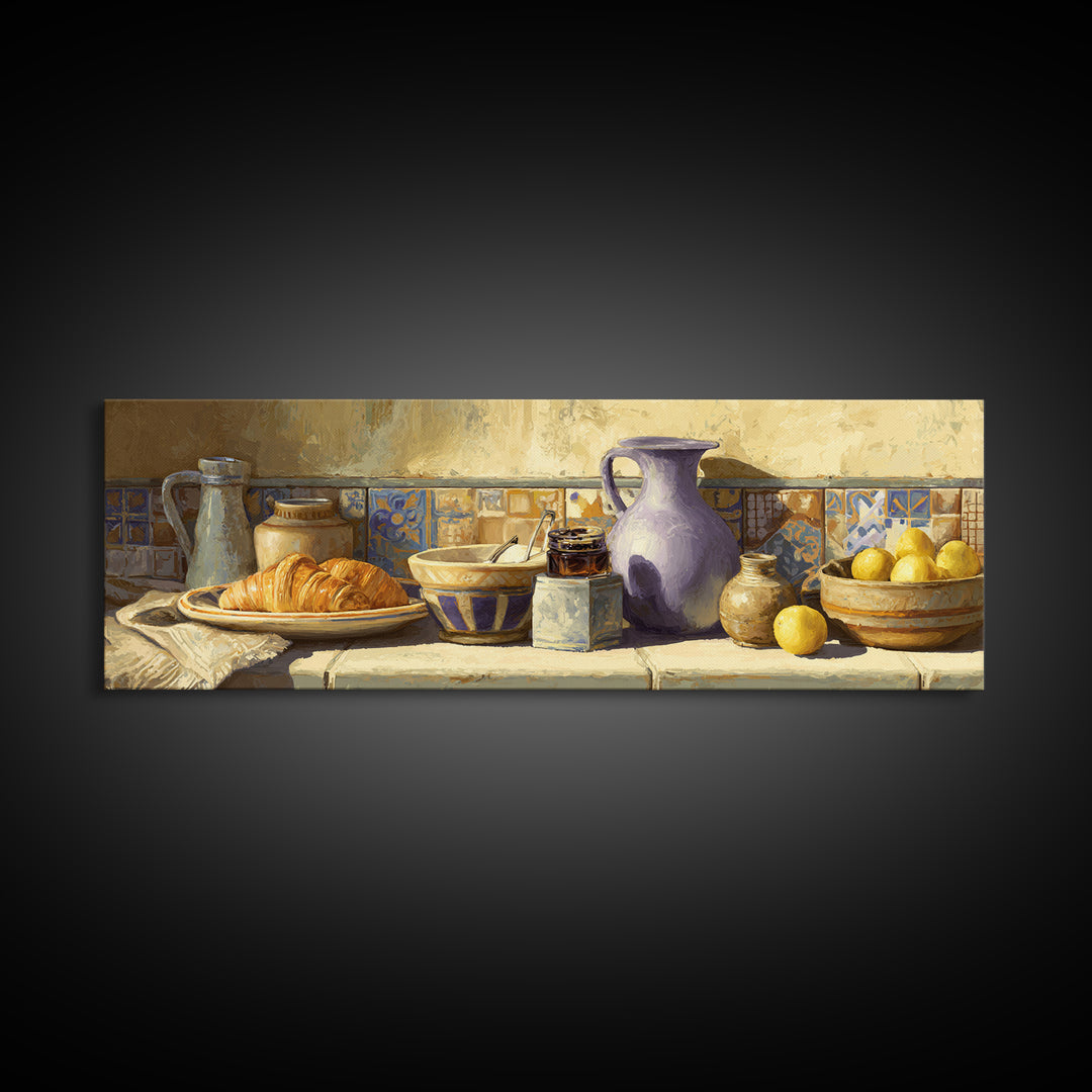 Caf Au Lait Bowl Framed Canvas Print, French Country Art, Digital Wall Art, Farmhouse Decor, Oil Painting, Country, FCA-3x1-74