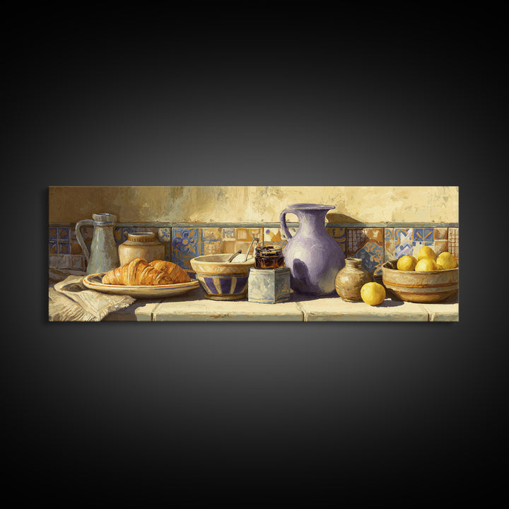 Caf Au Lait Bowl Framed Canvas Print, French Country Art, Digital Wall Art, Farmhouse Decor, Oil Painting, Country, FCA-3x1-74