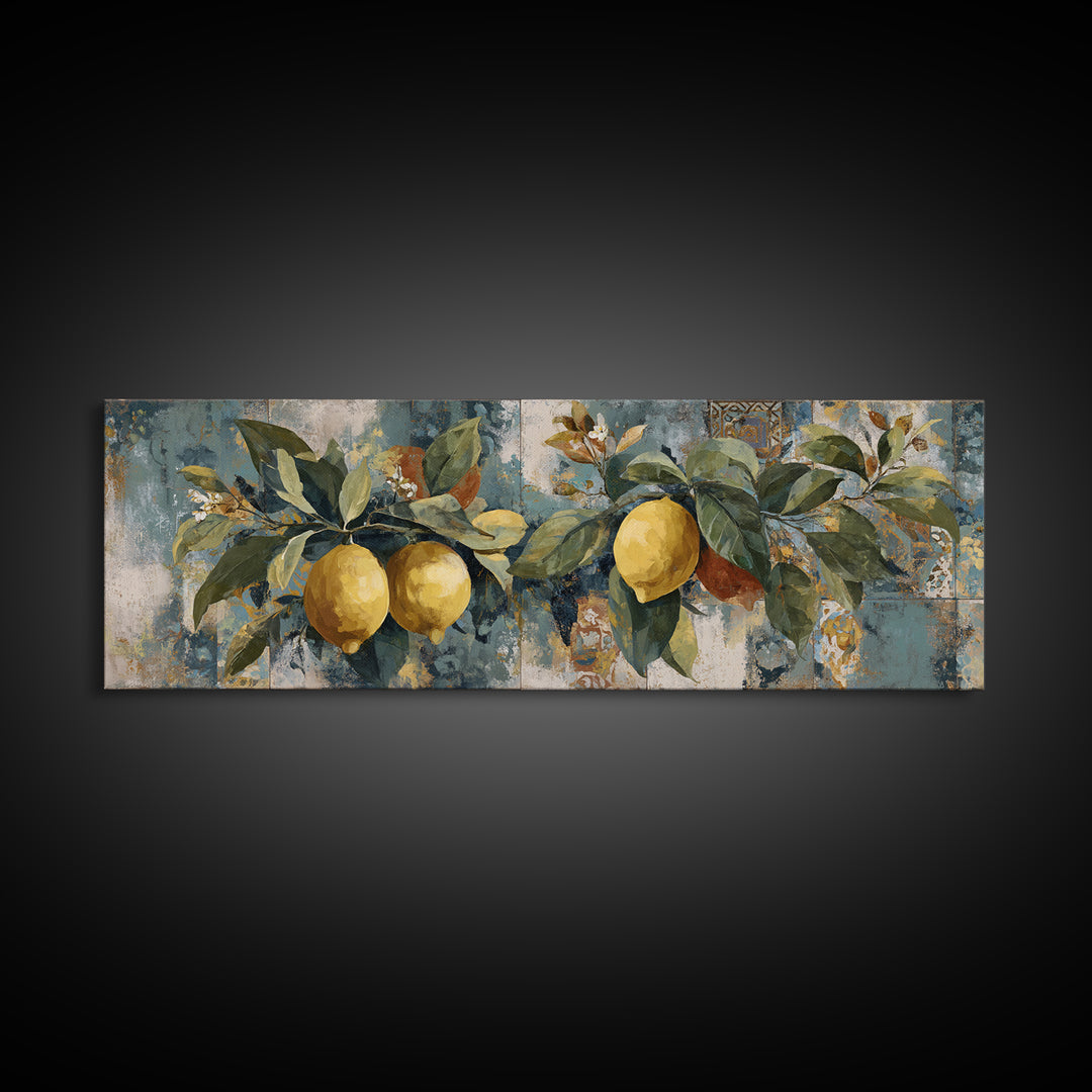 Aged Botanical Plate of Lemons and Leaves Canvas Print, French Country Art, Farmhouse Decor, Oil Painting, Country, FCA-3x1-76