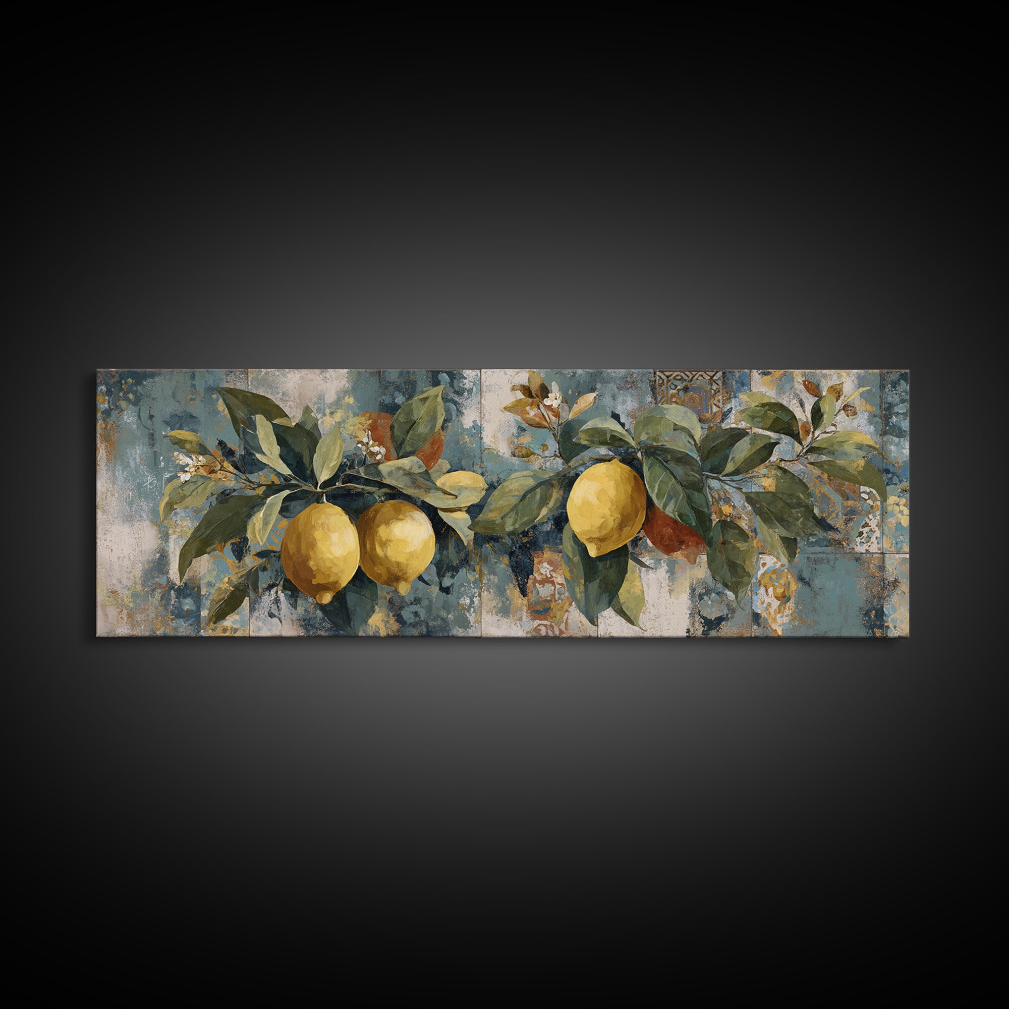 Aged Botanical Plate of Lemons and Leaves Canvas Print, French Country Art, Farmhouse Decor, Oil Painting, Country, FCA-3x1-76