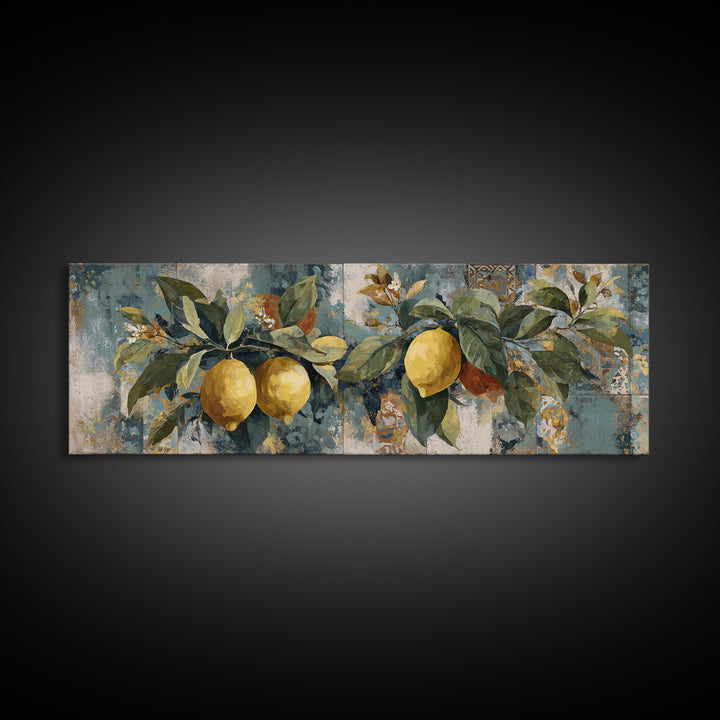 Aged Botanical Plate of Lemons and Leaves Canvas Print, French Country Art, Farmhouse Decor, Oil Painting, Country, FCA-3x1-76