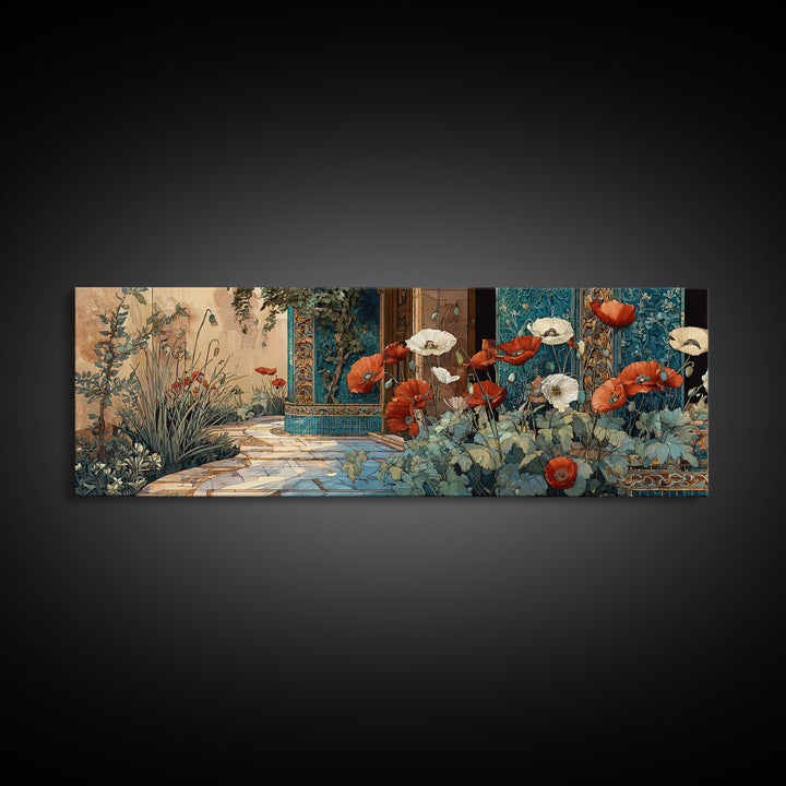Poppies Beside a Stone Garden Wall Framed Canvas Print, French Country Art, Digital Art, Farmhouse Decor, Watercolor Art, FCA-3x1-79