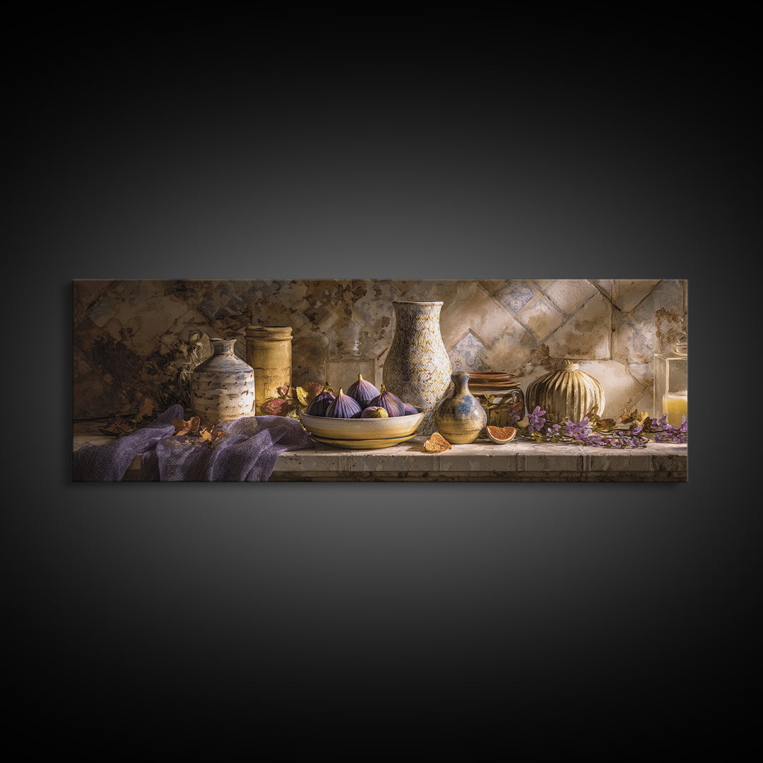 Figs on Ceramic Plate Canvas Print, French Country Art, Landscape Painting, Farmhouse Decor, Abstract Art, Country, FCA-3x1-8