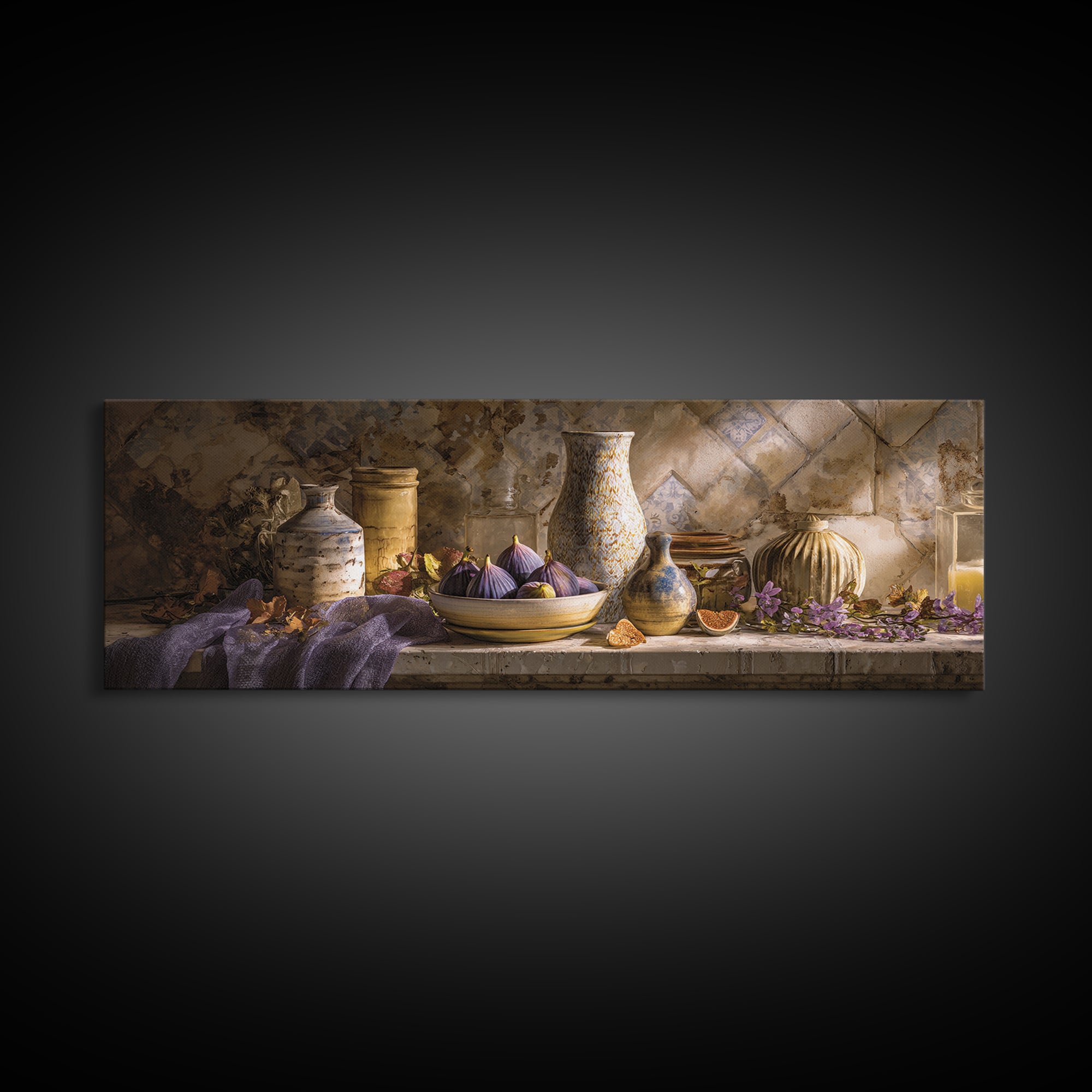 Figs on Ceramic Plate Canvas Print, French Country Art, Landscape Painting, Farmhouse Decor, Abstract Art, Country, FCA-3x1-8