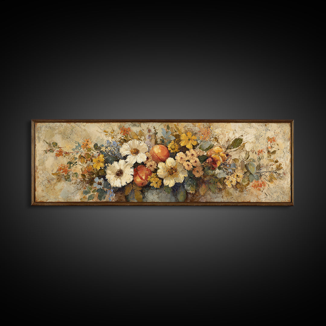 Basket of Fresh Peaches and Wildflowers Canvas Print, French Country Art, Contemporary Art, Farmhouse Decor, Country, FCA-3x1-84